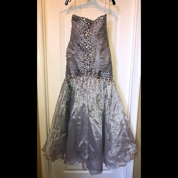 Silver Strapless Beaded Mermaid Trumpet Prom Dress - Picture 5 of 5